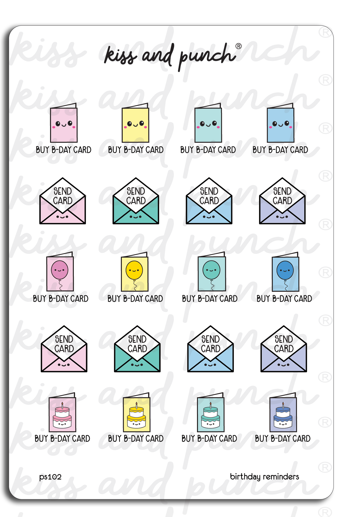 Birthday Card Reminder Planner Sticker Sheet - Kiss and Punch