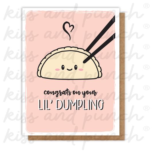 REDESIGNED! Fun Foodie Lil' Dumpling Baby Congrats Card | kiss and punch