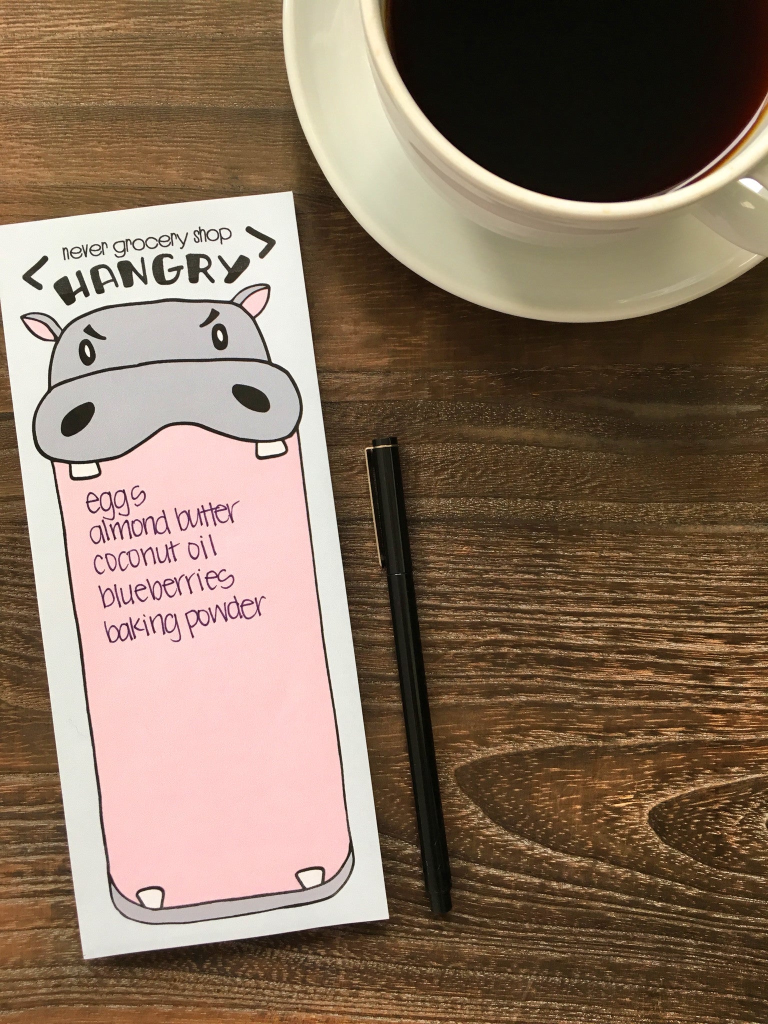 Funny Hangry Hippo Market Grocery List Notepad | 50 Sheets | kiss and punch - Kiss and Punch