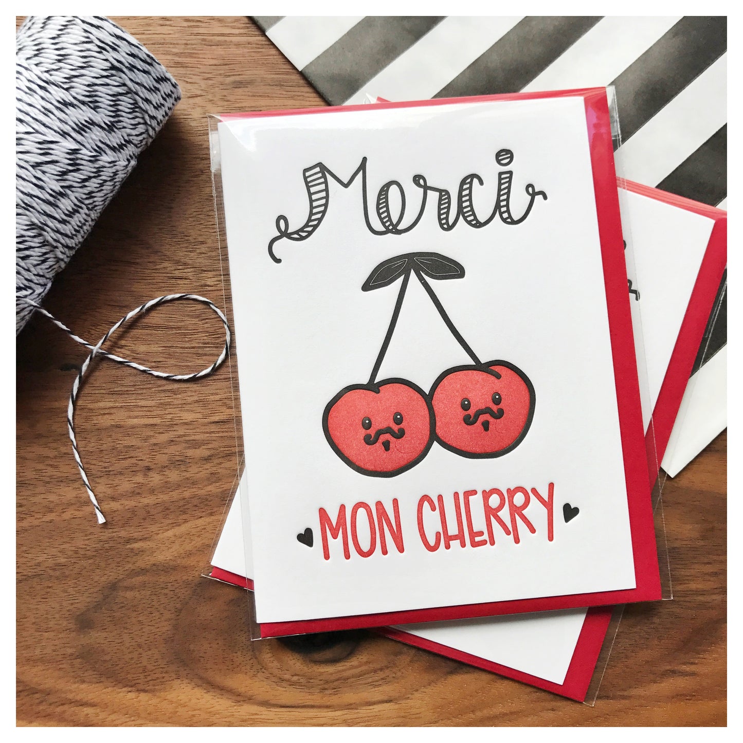 Funny Punny Thank You Letterpress Card | Merci Mon Cherry | French Pun | kiss and punch - Kiss and Punch