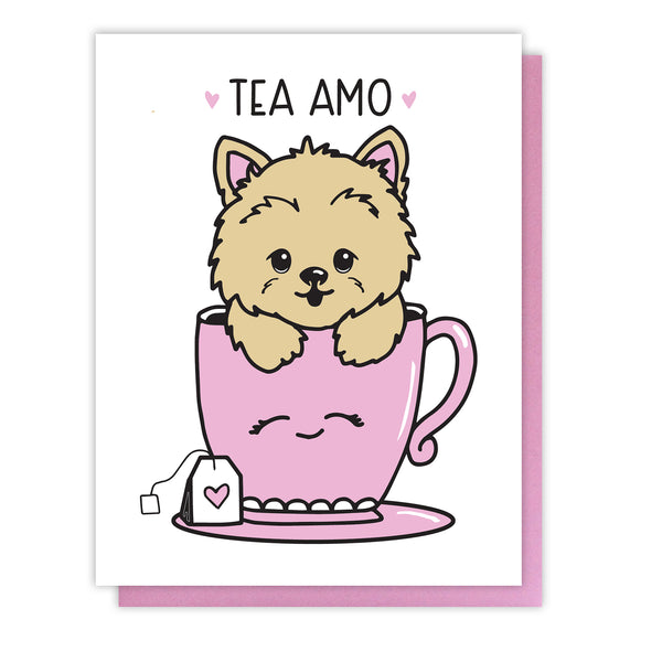 Tea Amo Tyke Pun Love Letterpress Card | Yorkie Teacup | Valentine's Day - Kiss and Punch