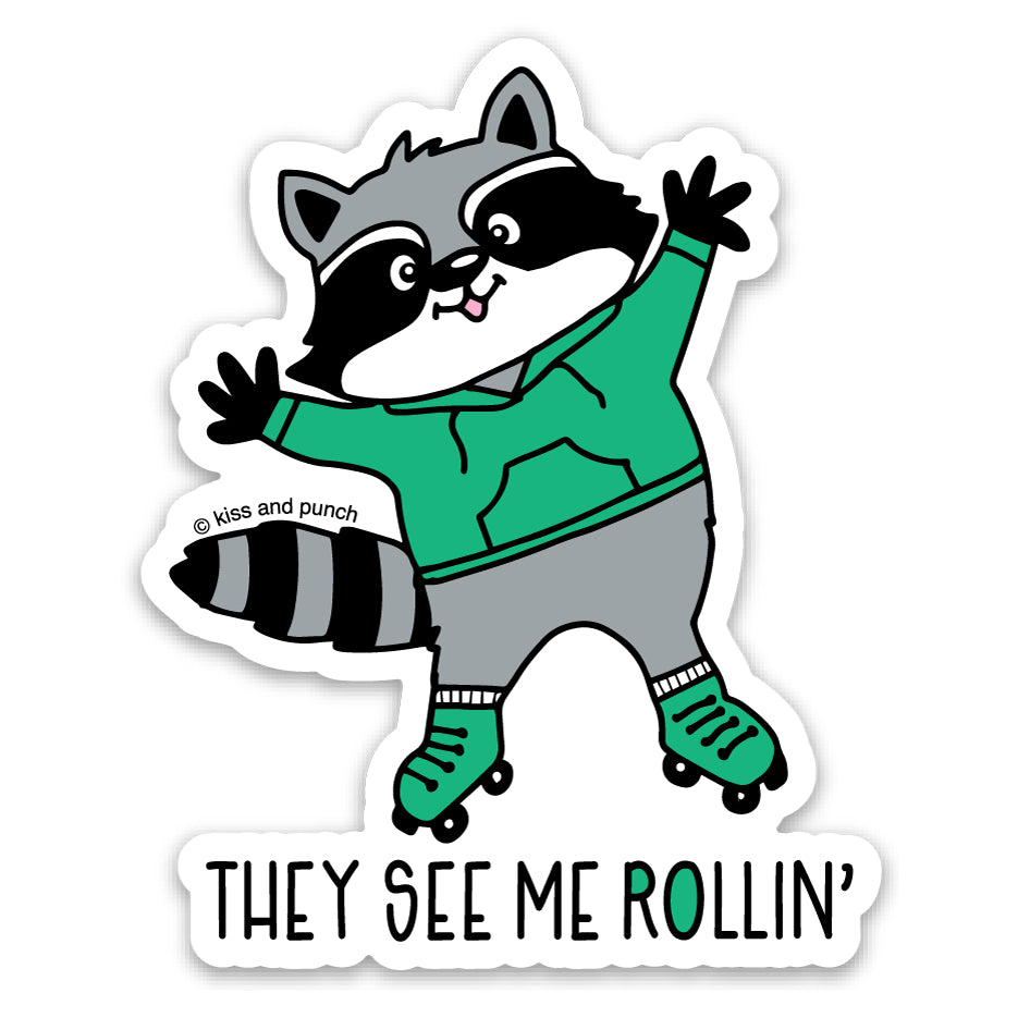 3 Inch Cute Rollin' Raccoon Matte Vinyl Sticker - Kiss and Punch