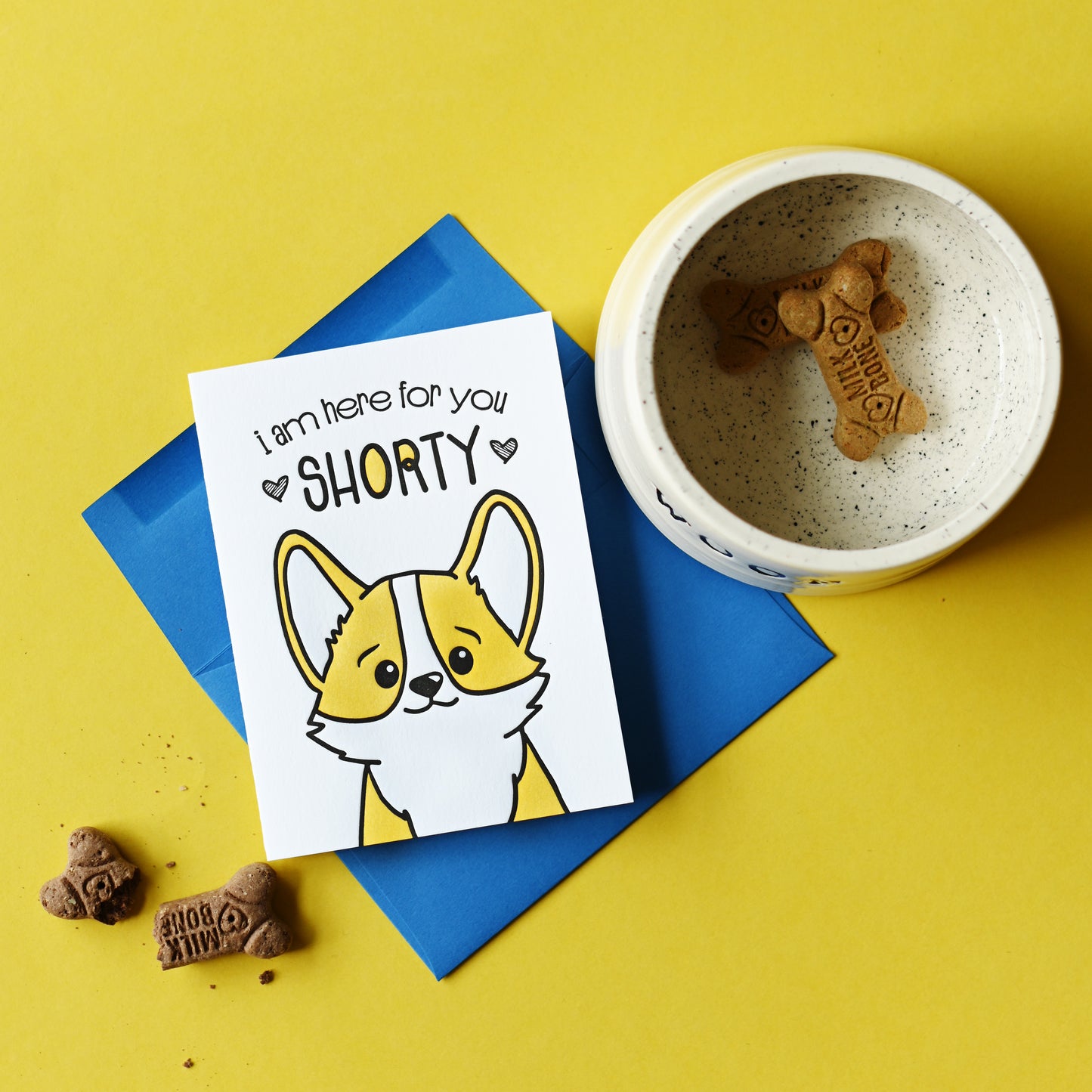 Here For You Shorty | Corgi Face Encouragement Sympathy Letterpress Card | kiss and punch - Kiss and Punch