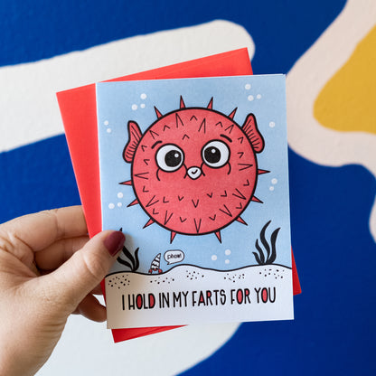 Funny Love Letterpress Card | Blowfish Hold In Farts | Valentine's Day | kiss and punch
