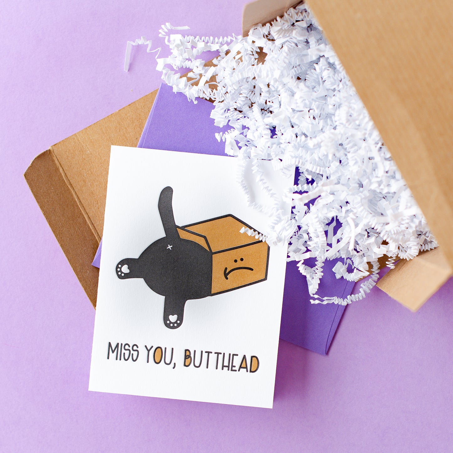 Funny Miss You Letterpress Card - Miss You Butthead - Cat in a Box - Black Cat Card