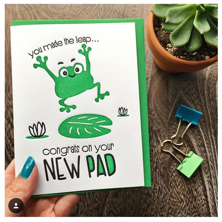 Funny New House Letterpress Card | Housewarming New Pad Leaping Frog | kiss and punch - Kiss and Punch