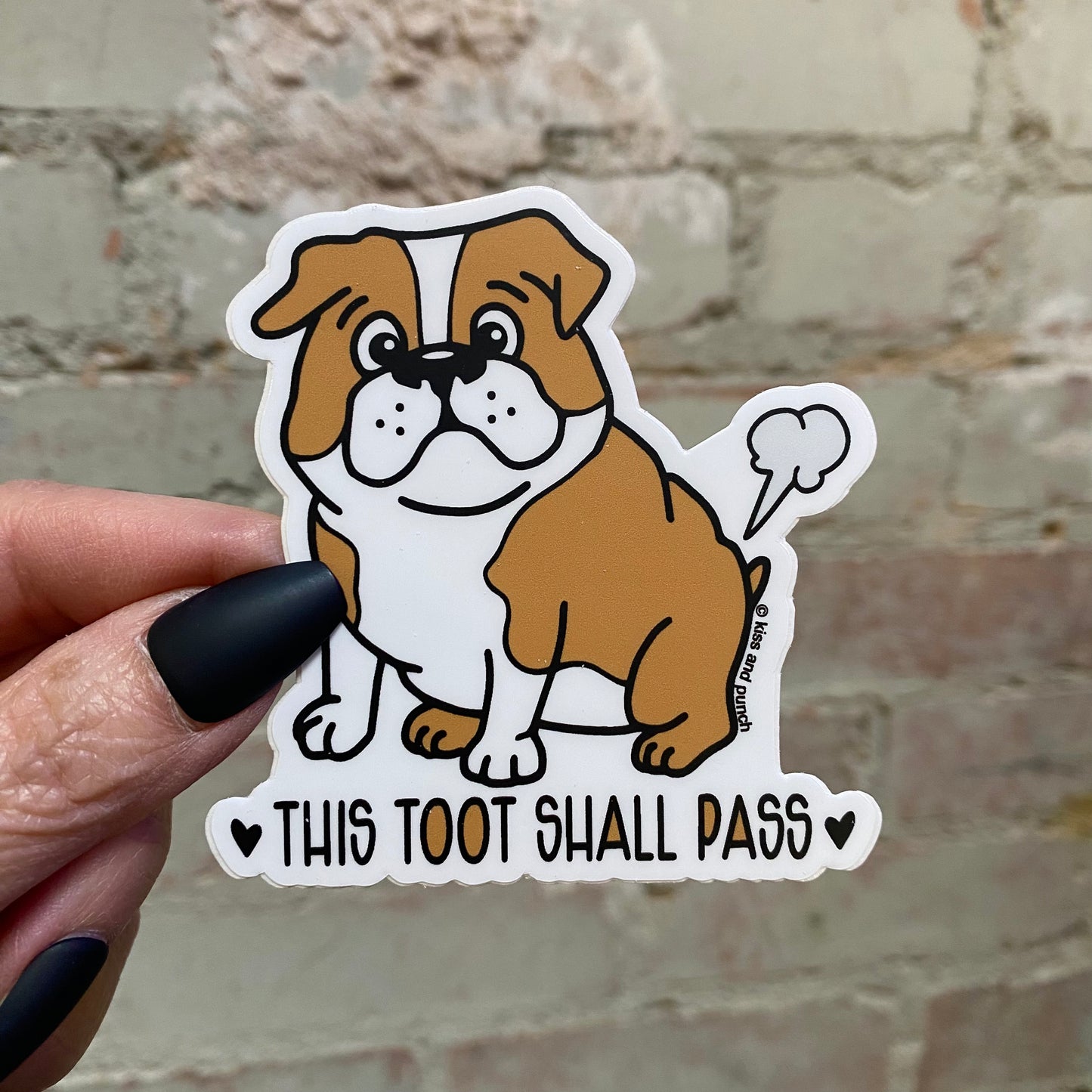 3 Inch Funny Tooting Bulldog  Matte Vinyl Sticker - Kiss and Punch