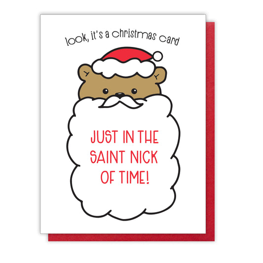 Cute Santa Bear Christmas Letterpress Card | Saint Nick of Time | kiss and punch