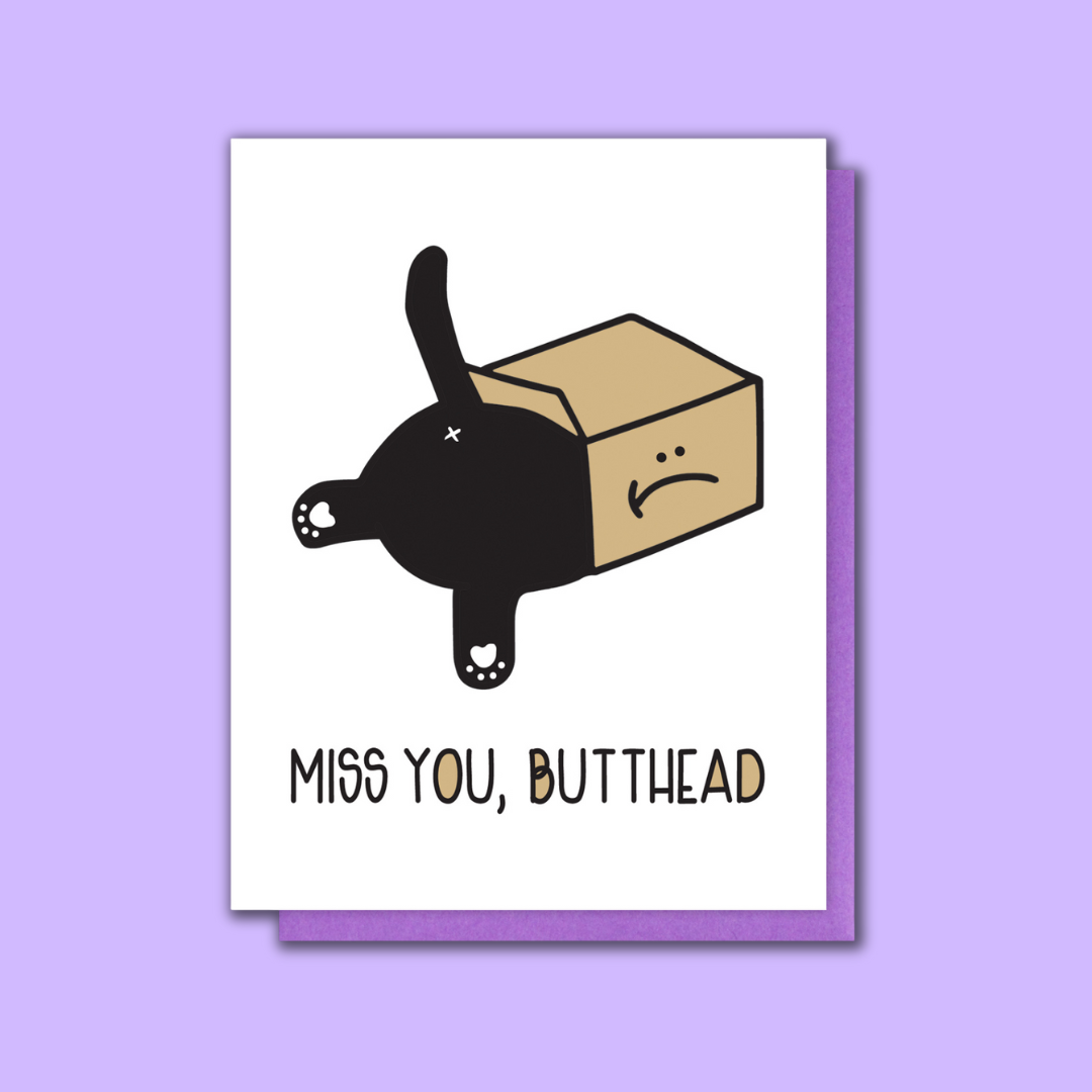 Funny Miss You Letterpress Card - Miss You Butthead - Cat in a Box - Black Cat Card