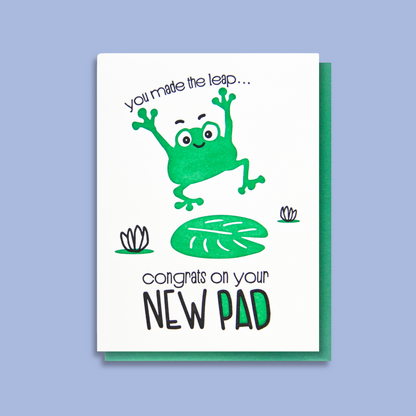 Funny New House Letterpress Card | Housewarming New Pad Leaping Frog | kiss and punch - Kiss and Punch