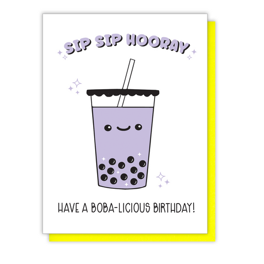 NEW! Funny Boba Birthday Letterpress Card | Sip Sip Hooray | Taro Bubble Tea | kiss and punch
