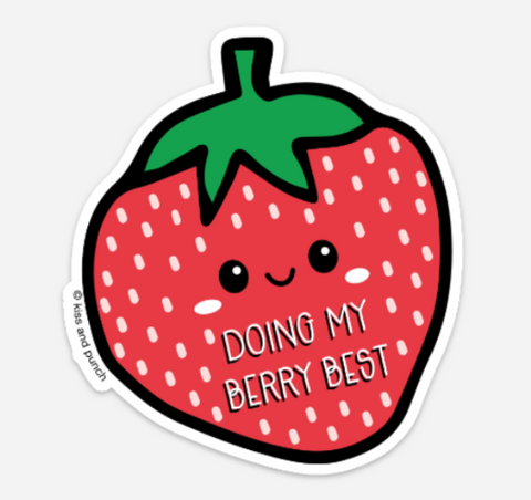 NEW! 3 Inch Doing My Berry Best Strawberry Diecut Vinyl Sticker | kiss and punch