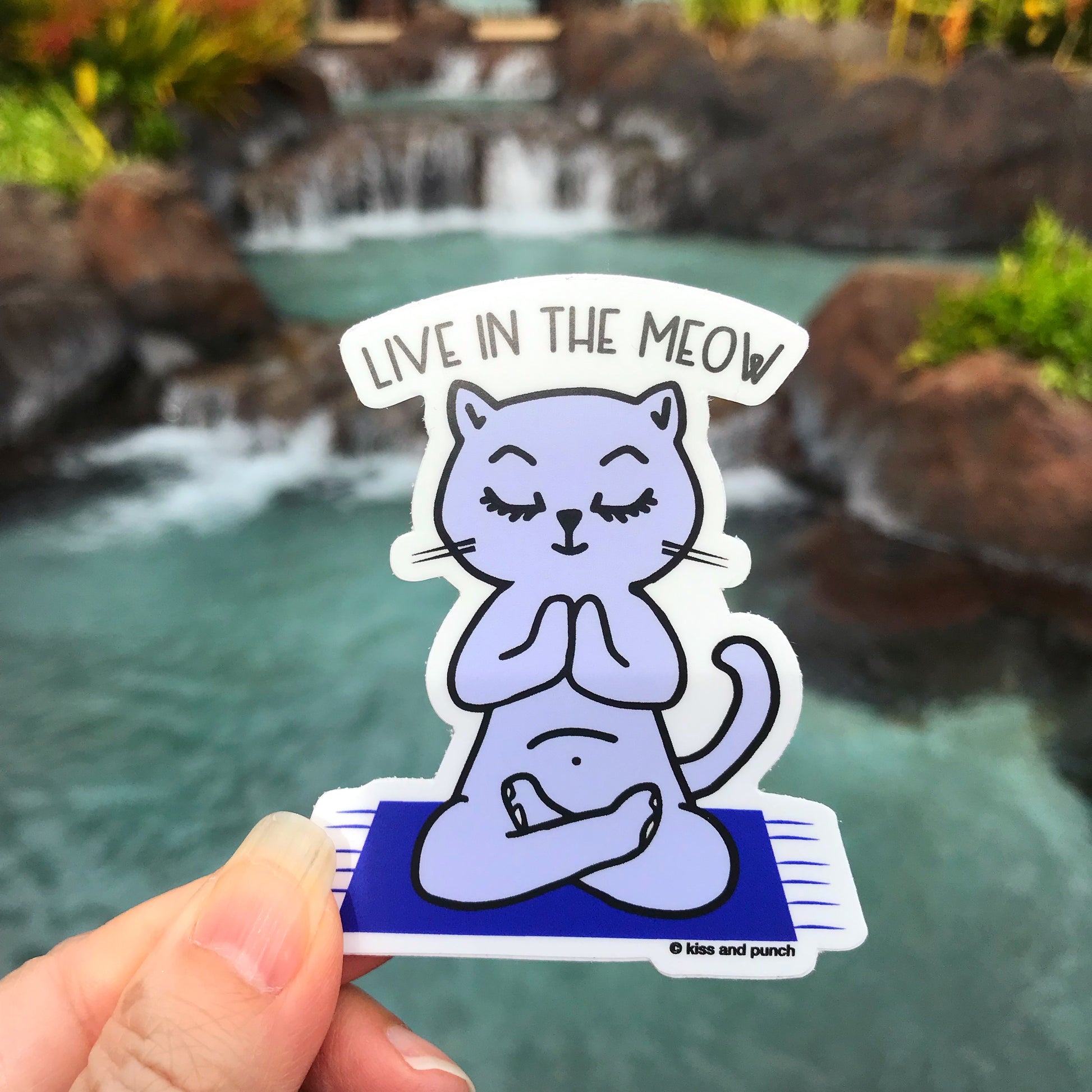3 Inch Live in the Meow Zen Yogi Cat Vinyl Sticker - Kiss and Punch