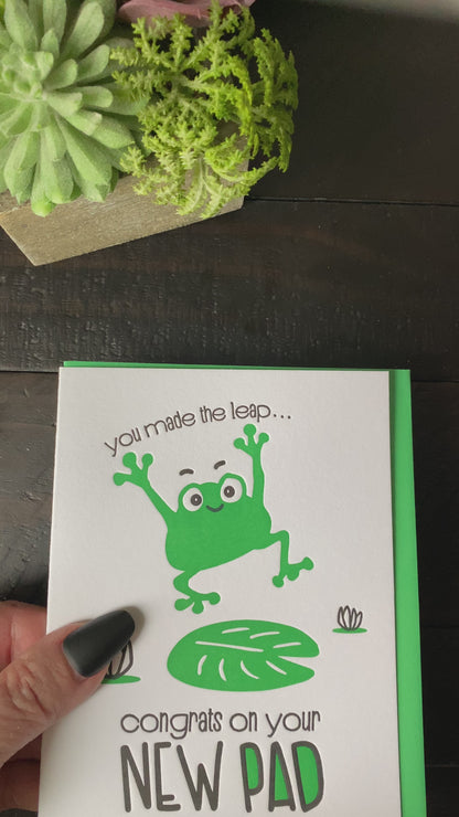 Funny New House Letterpress Card | Housewarming New Pad Leaping Frog | kiss and punch