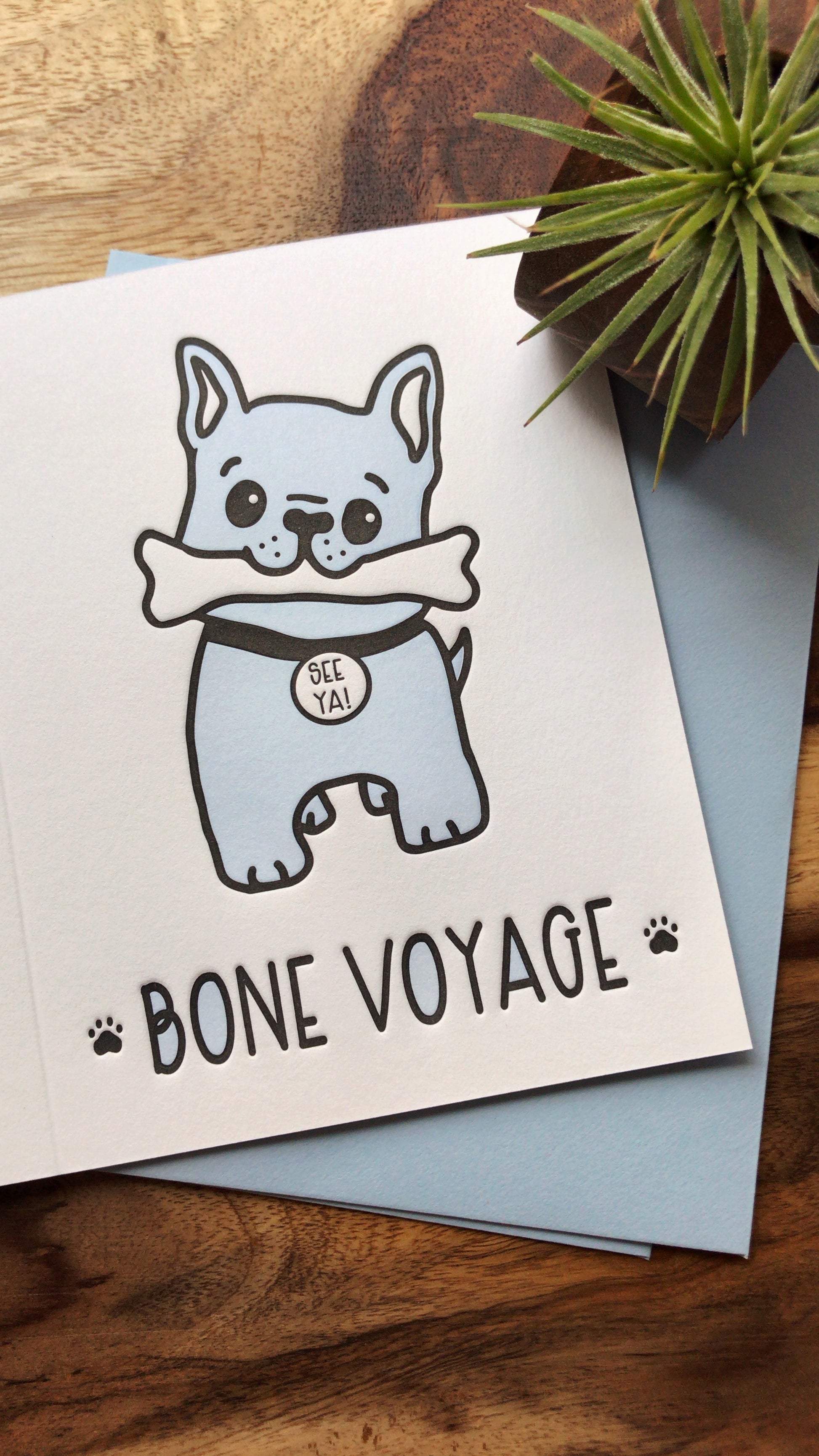 Funny Goodbye Letterpress Card | Frenchie Bulldog | Bone Voyage Pun | kiss and punch - Kiss and Punch