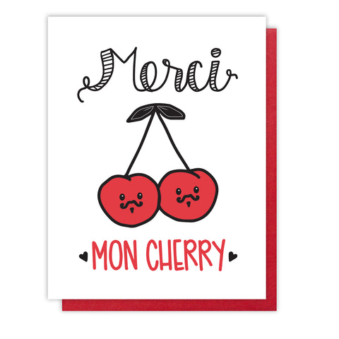 Funny Punny Thank You Letterpress Card | Merci Mon Cherry | French Pun | kiss and punch - Kiss and Punch