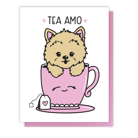 Tea Amo Tyke Pun Love Letterpress Card | Yorkie Teacup | Valentine's Day - Kiss and Punch