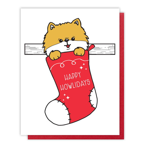 Punny Pomeranian Happy Howlidays Christmas Stocking Letterpress Card