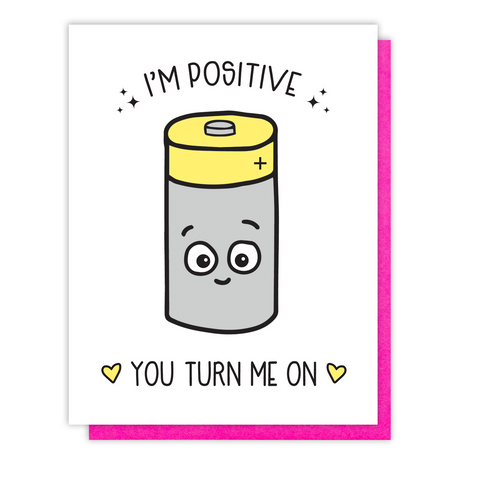 NEW! Kawaii Battery Positive You Turn Me On Letterpress Card | I Like You | Valentine's Day | Situationship