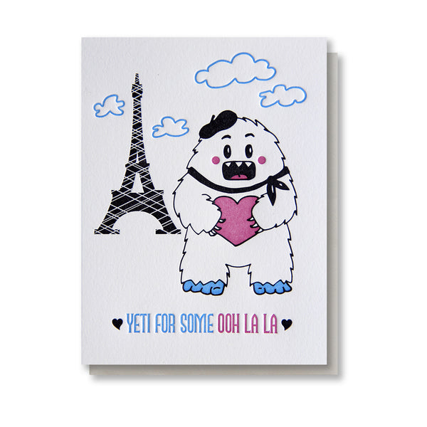 Punny Yeti in Paris Love Letterpress Card - Kiss and Punch