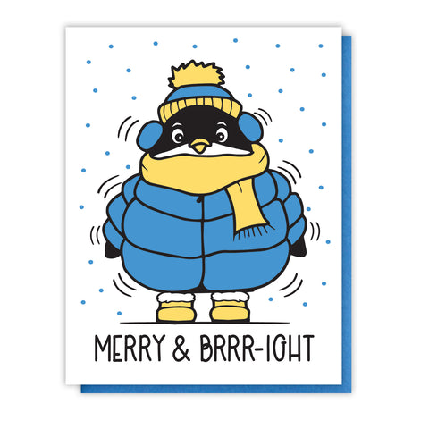 Funny Merry and Brrr-ight Puffy Penguin Letterpress Card